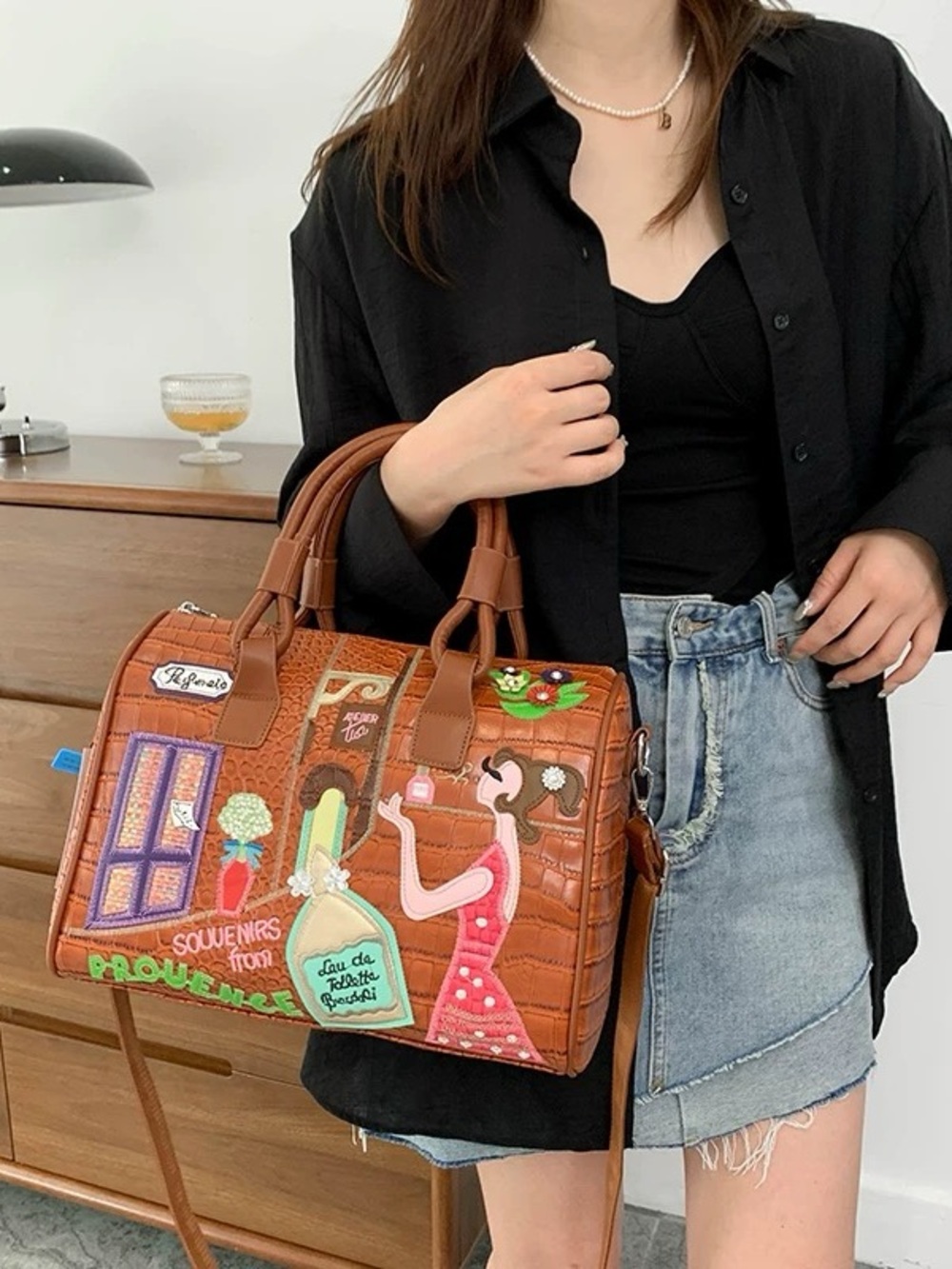 Brown Embroidered Patchwork Satchel Bag